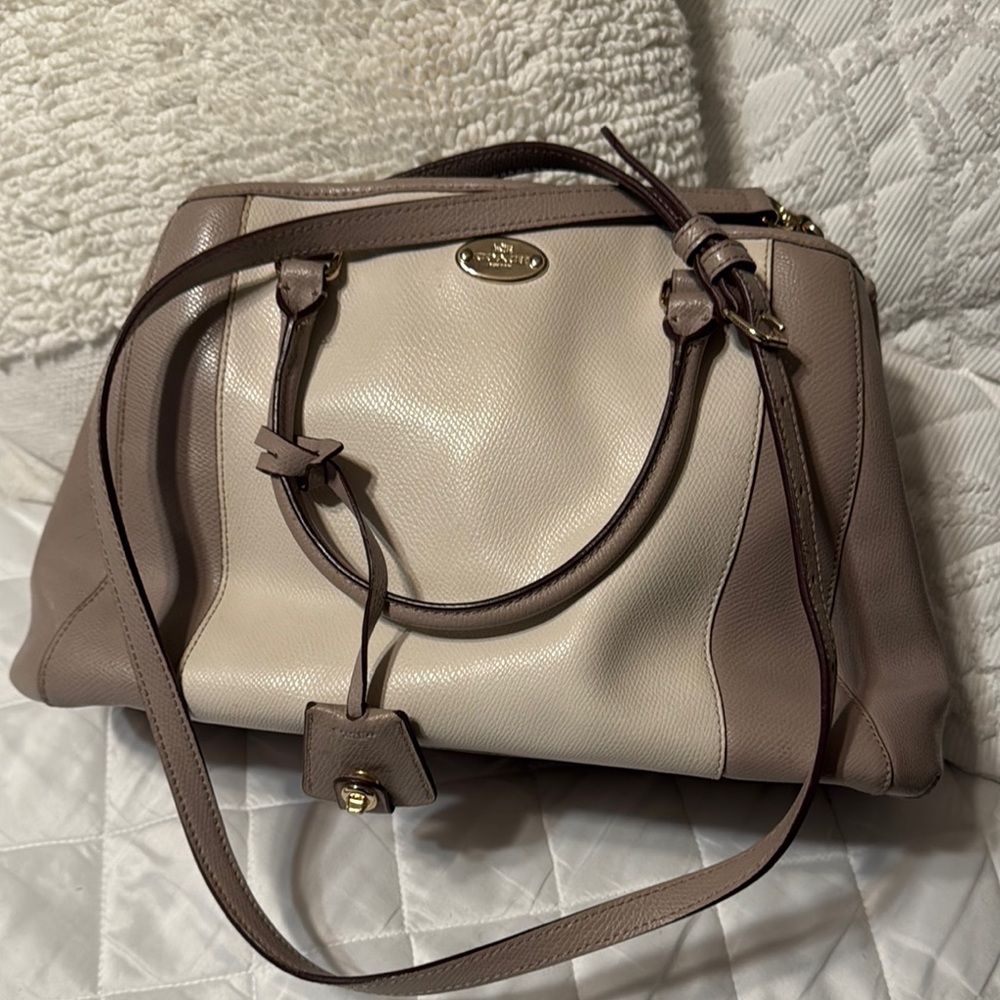 Coach Cream and Tan Leather Satchel with Detachable Strap